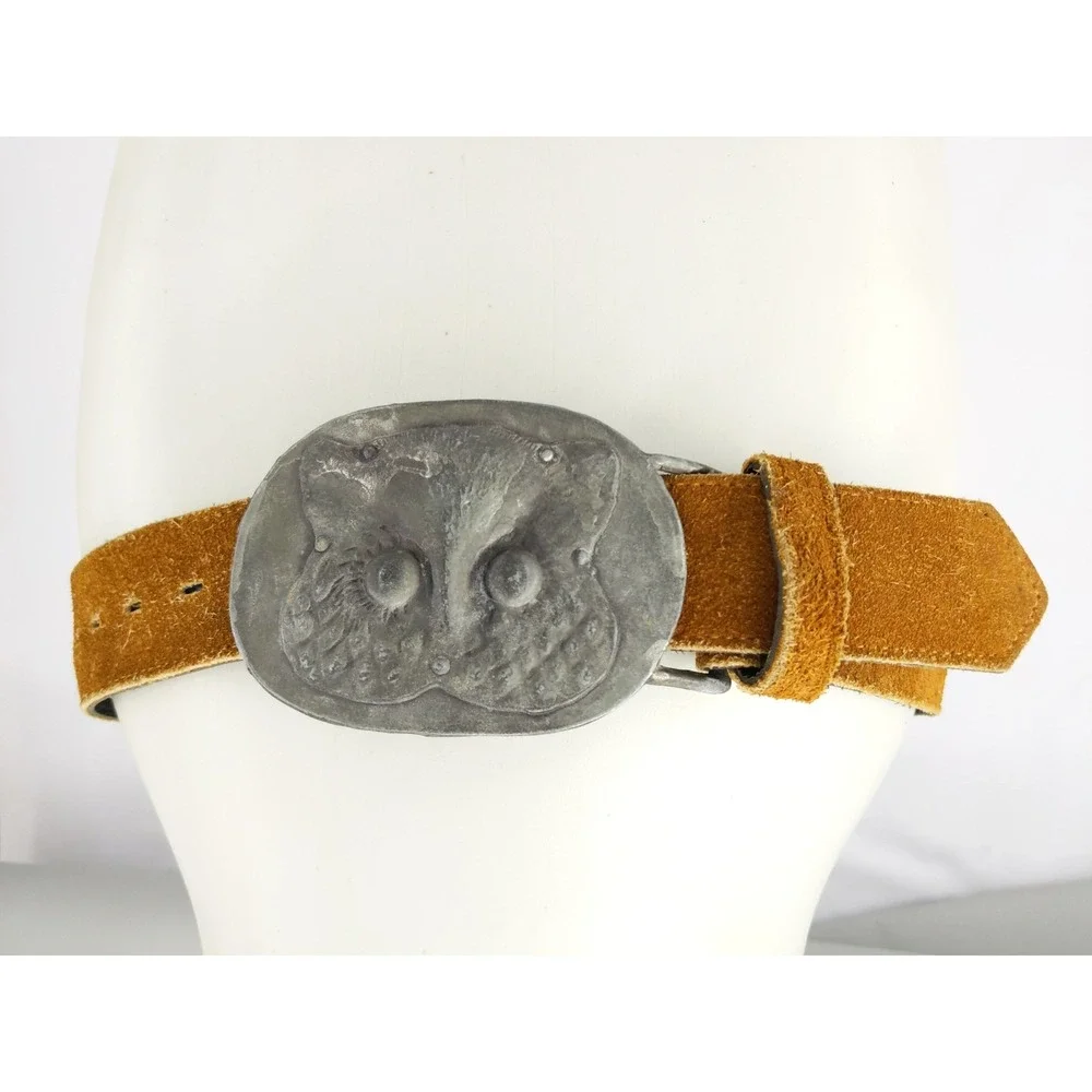 vtg Pewter Face Buckle‎ Russ w/Suede Belt Owl Creature Mask Creations